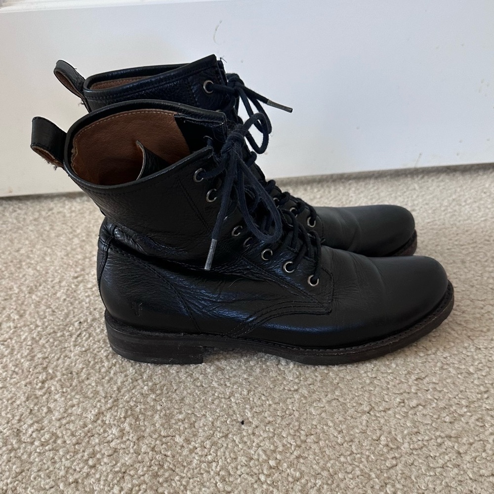 Frye Black Leather Lace-Up Women's Combat Boots - Picture 2 of 6